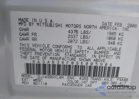 2009 Mitsubishi Galant Es/Sport Edition z USA, uszkodzony, nr VIN 4A3AB36F09E005904